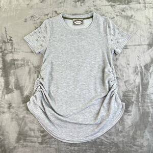 Skönhet Ruched Sides Short Sleeve Shirt Womens Size S Gray Rhinestone Sleeves